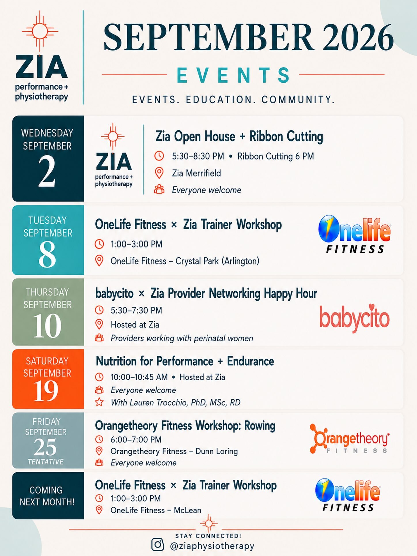 September at Zia 🧡

We have a full month of events, education, and community ahead, and we&rsquo;re kicking things off THIS Wednesday with our Open House + Ribbon Cutting! 🎉

Save the dates for what&rsquo;s coming up in September, from trainer educ