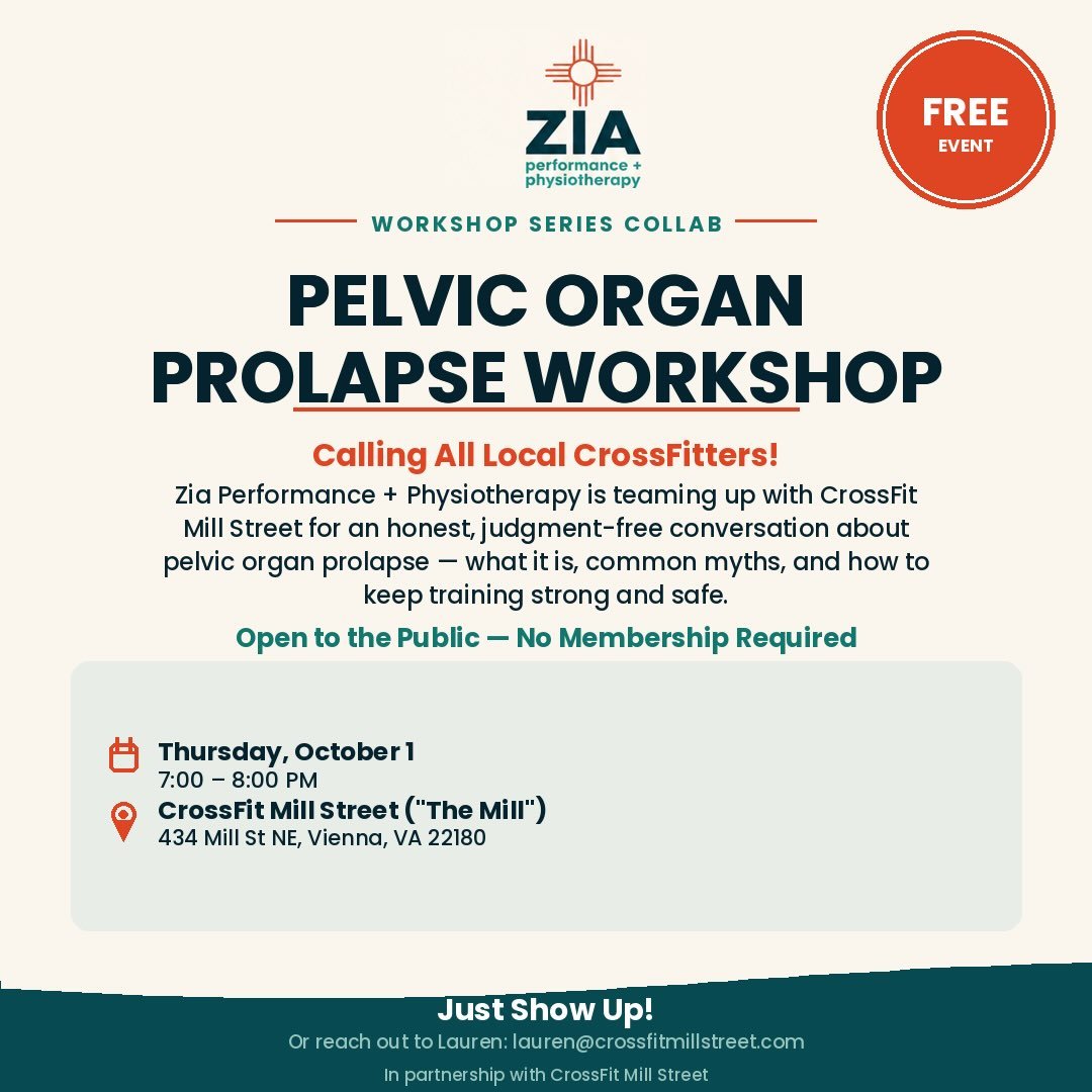 Calling all local CrossFitters! 🏋️&zwj;♀️

Join Zia Performance + Physiotherapy and @welcome_to_the_mill for a FREE Pelvic Organ Prolapse Workshop &mdash; an honest, judgment-free conversation about what prolapse is, common myths, and how you can co