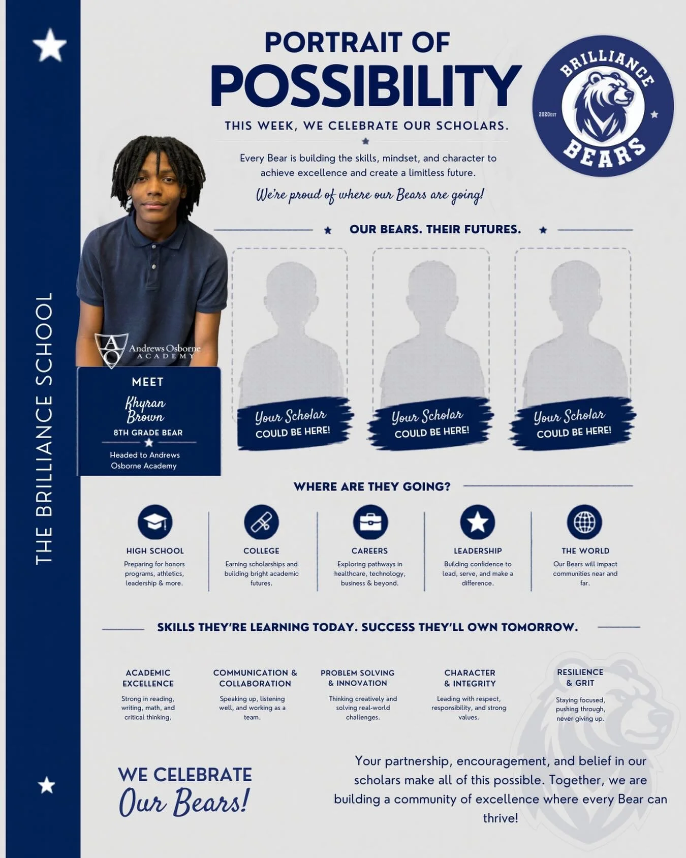 🐻✨ PORTRAIT OF A SCHOLAR ✨🐻
As we close out our Portrait of a Scholar campaign, we want to celebrate the incredible achievements of our Brilliance Bears and showcase what is possible when scholars commit to excellence.
Today, we proudly recognize K