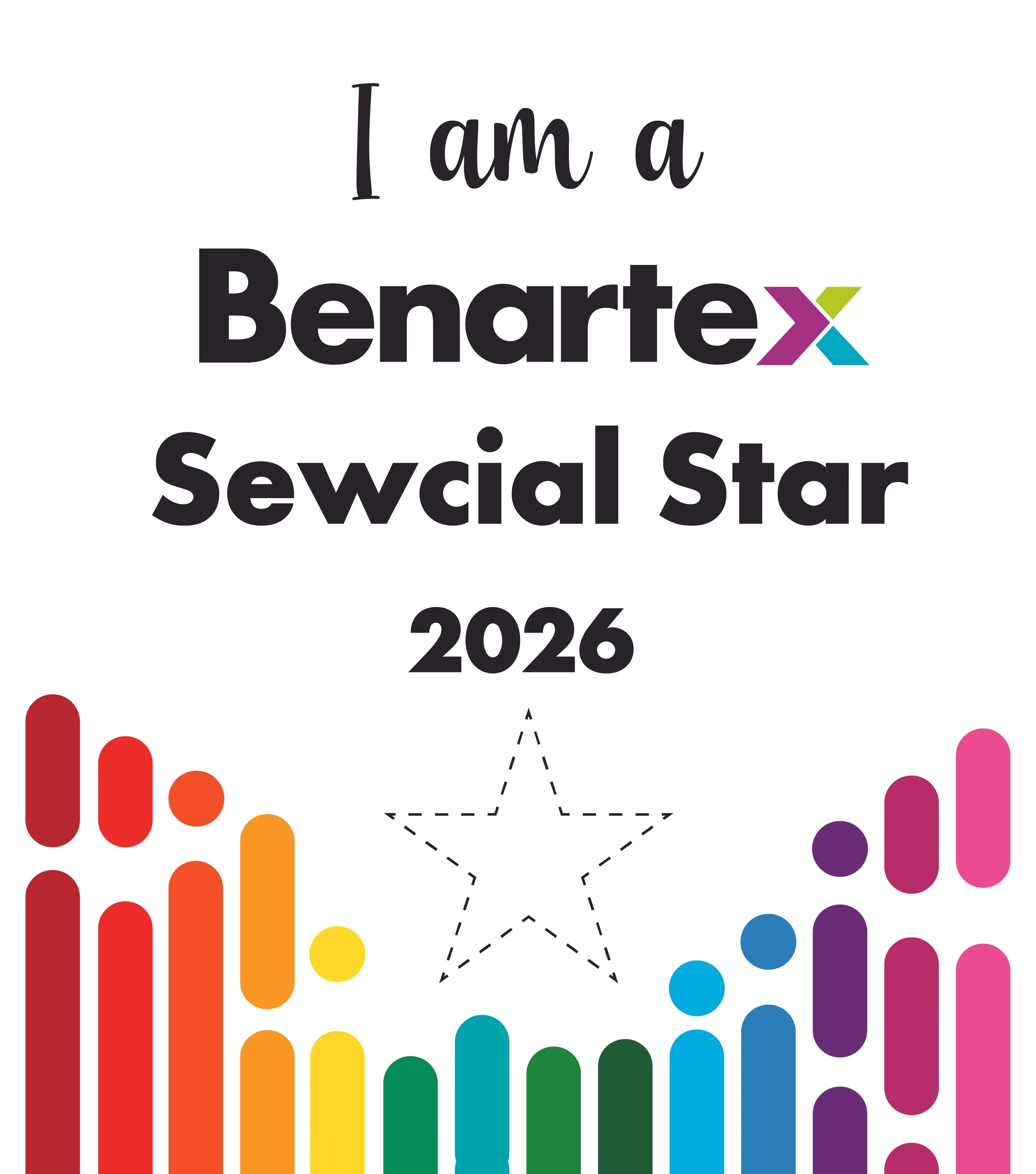 Badge from Benartex Fabrics announcing Quilty Amiga is a 2026 Sewcial Star