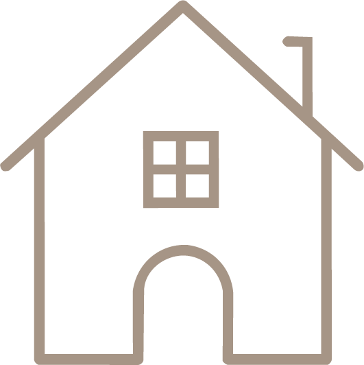 Outline of a house with a gable roof, a small window, and an arched doorway.