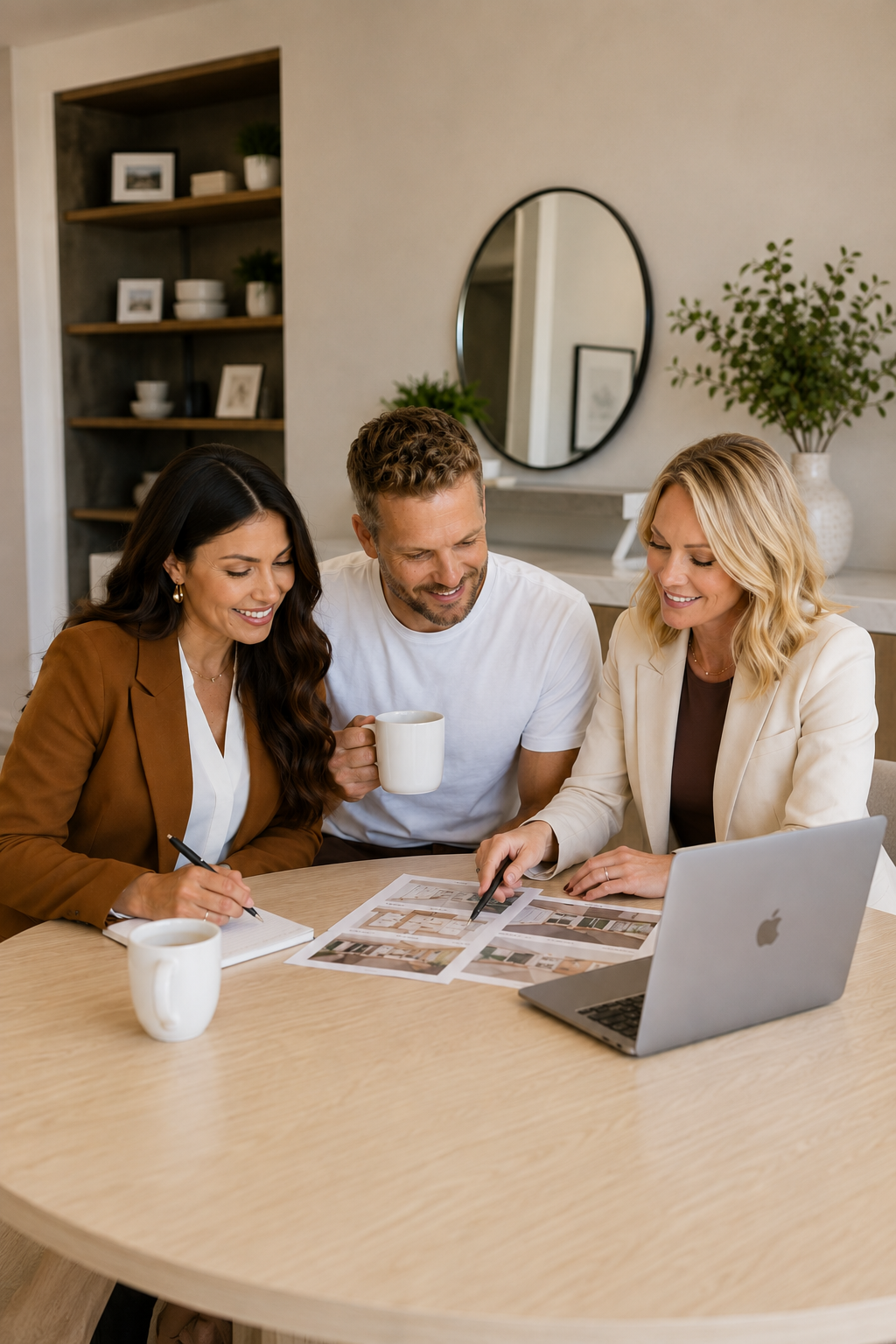 Three people in a meeting room looking at design plans on a table, with a laptop and coffee mugs, smiling and discussing.