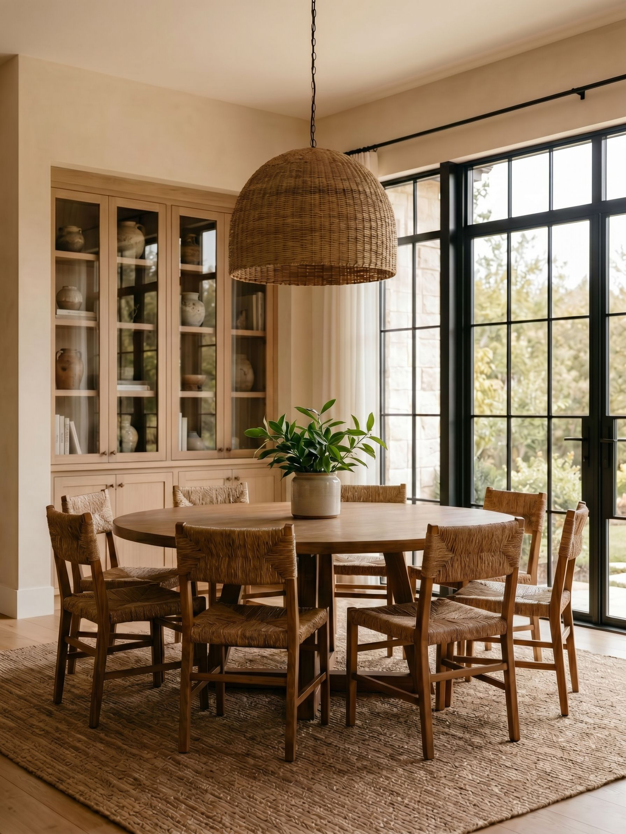 A dining room with a round wooden table, six wooden chairs with woven seats, a beige and brown area rug, a pot with green plant, a large woven pendant light, a glass-front cabinet with pottery, large windows with black frames, and a view of trees outside.