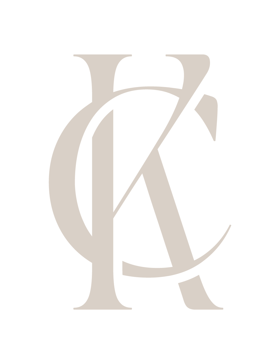 A stylized logo featuring overlapping large serif letters 'K' and 'Q' in beige on a black background.