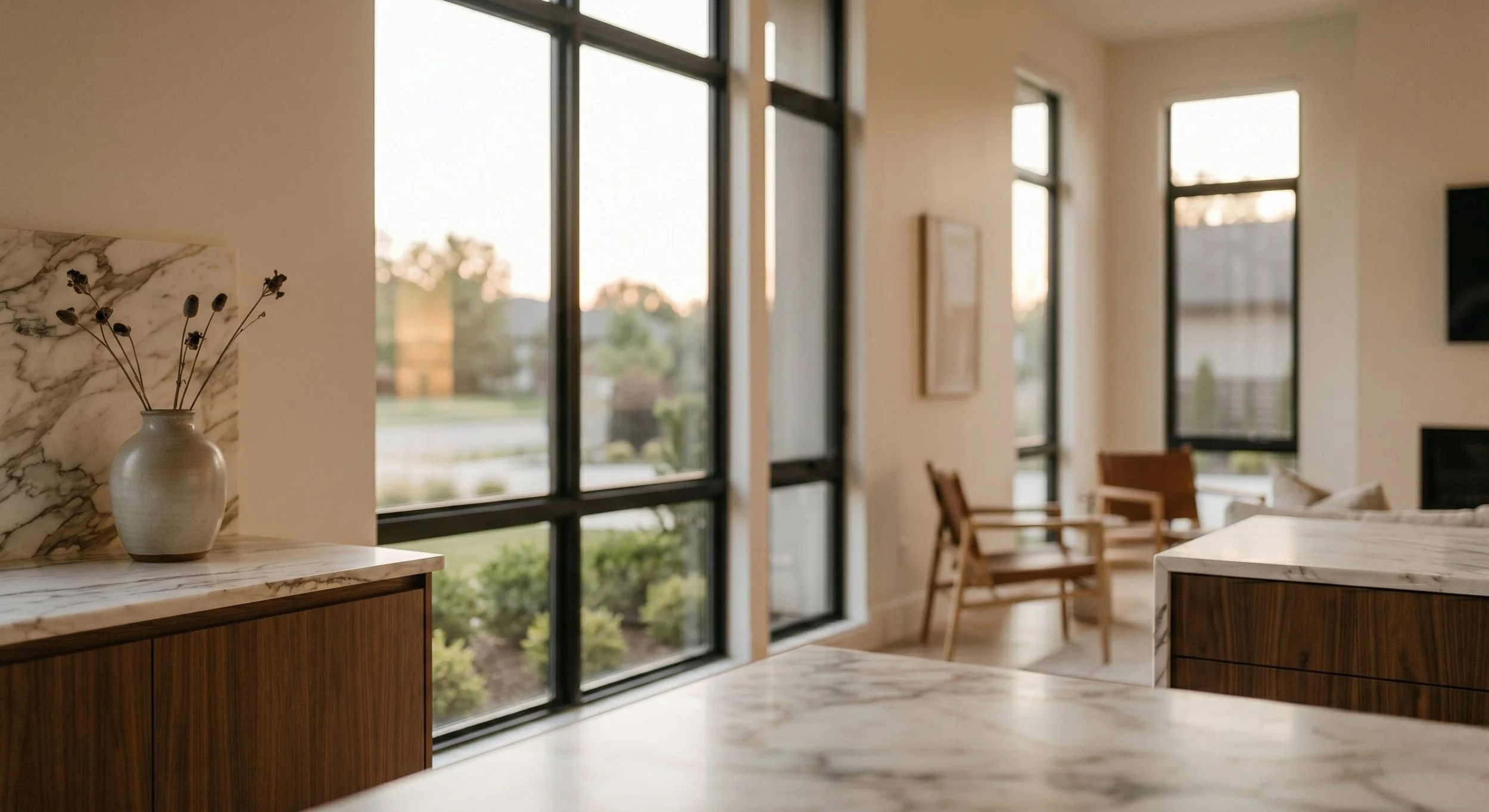 A modern interior with large windows, a marble vase with dried flowers on a marble countertop, and wooden chairs in a well-lit room.