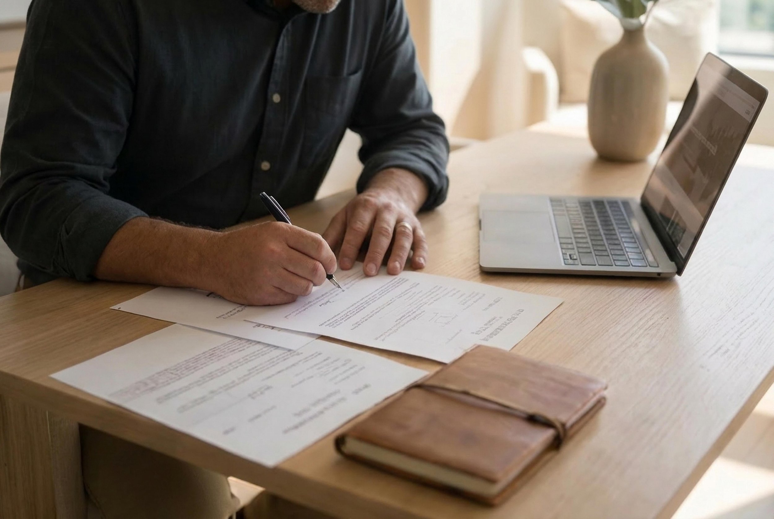 A person wearing a dark shirt sitting at a wooden desk, writing on a paper with a pen, with a laptop and a beige vase in the background.