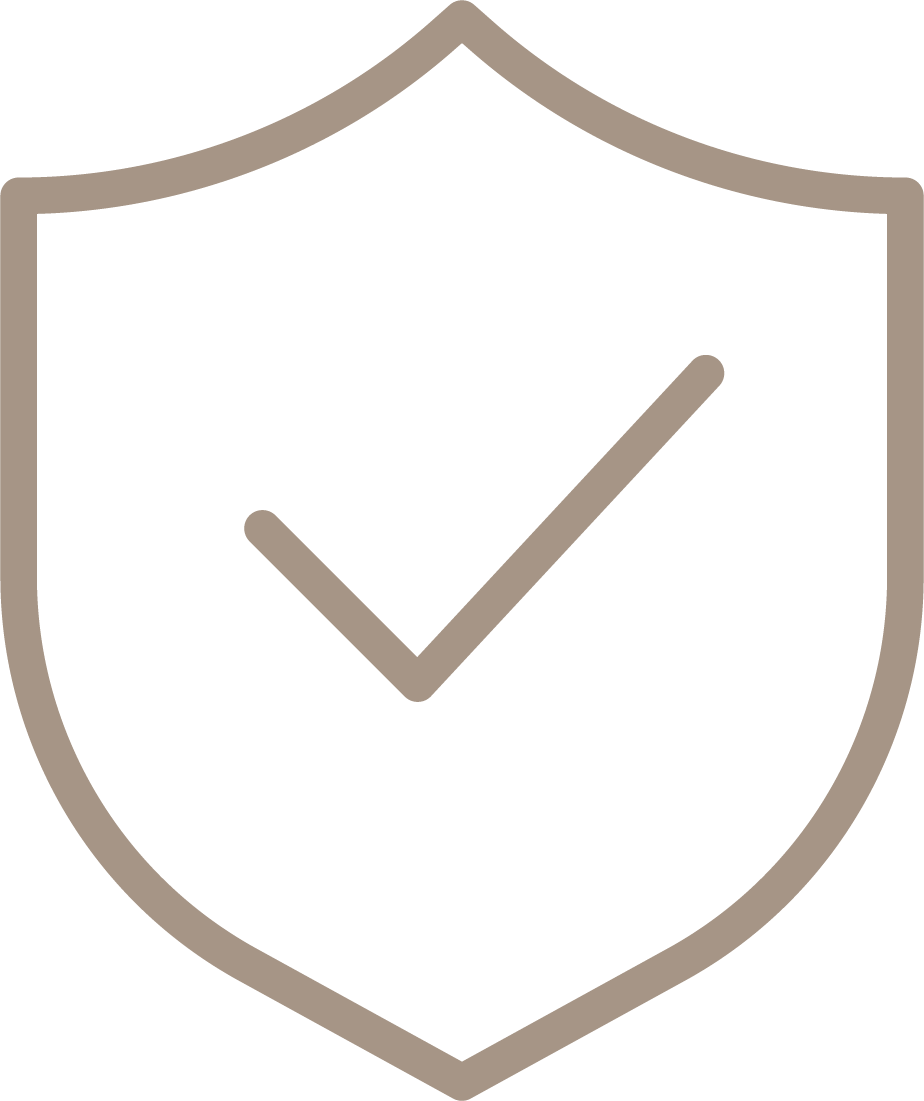 Outline of a shield with a check mark inside it.