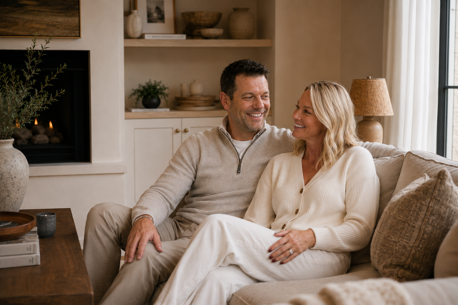 A happy couple sitting close on a beige sofa in a cozy living room, smiling at each other.