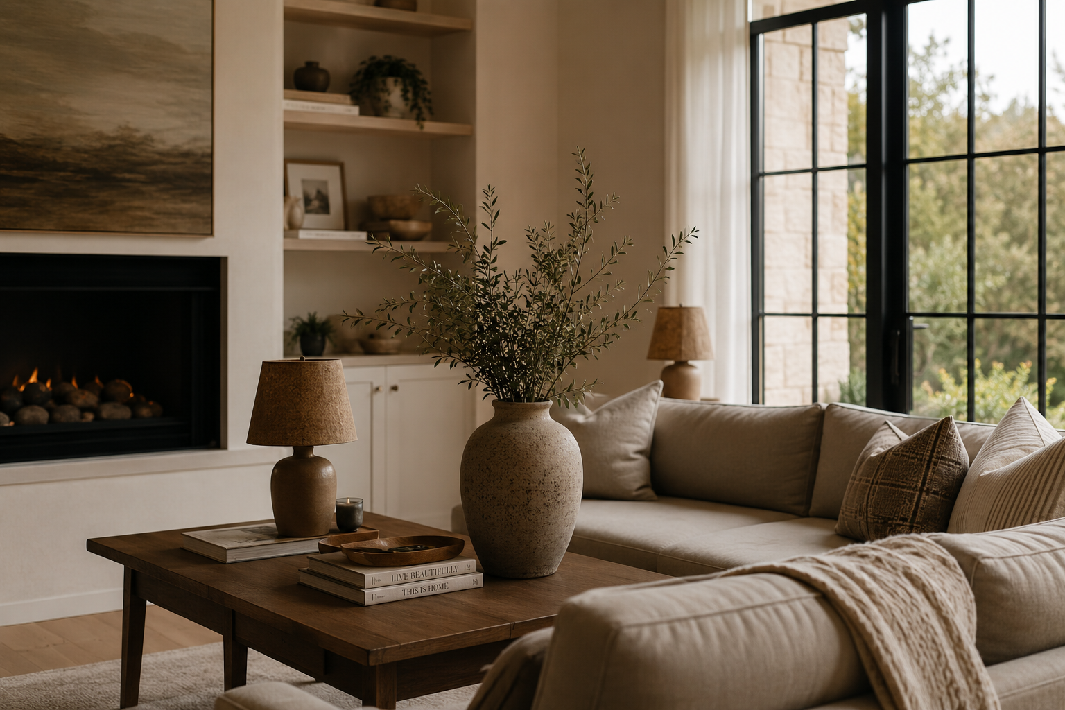 Living room with a beige sofa, a wooden coffee table with books and decorative items, a large vase with green branches, a fireplace with a glowing fire, and large windows revealing trees outside.