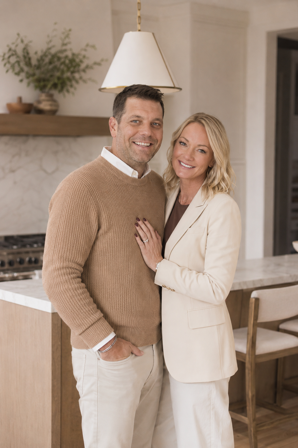 A smiling couple is standing close together in a cozy, elegant kitchen, with a man in a tan sweater and a woman in a cream blazer
