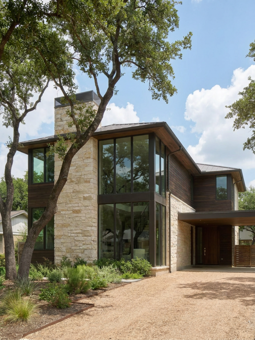 Modern house with large glass windows, stone and wood exterior, surrounded by trees and a dirt driveway under a partly cloudy sky.