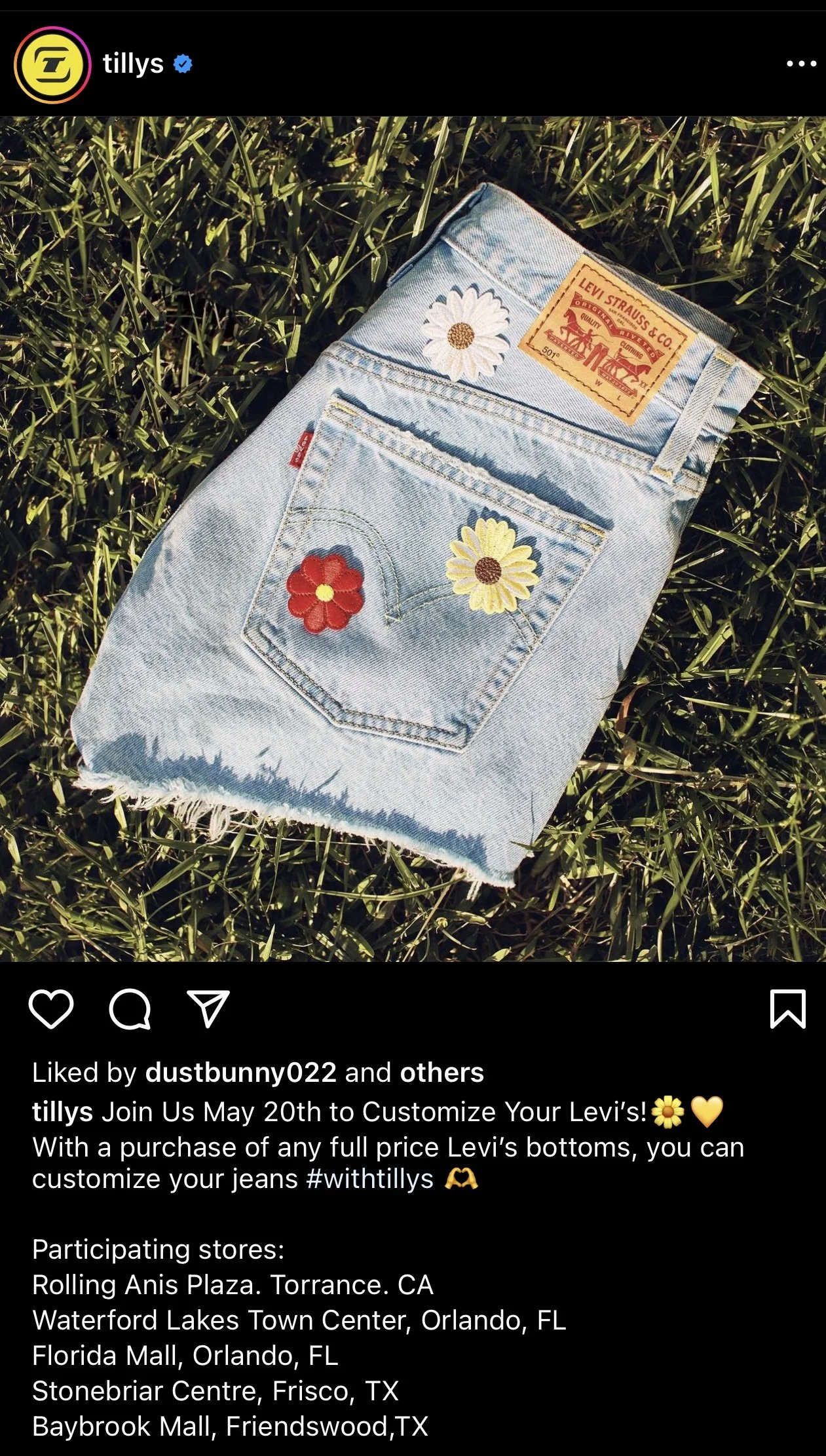 A pair of light blue Levi's jeans with embroidered daisies on the back pocket and a red flower patch. The jeans are laid on grass, with a Levi's label visible at the waistband.