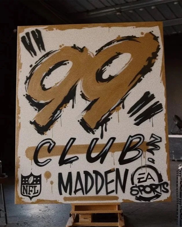 A large sign displaying the number 99 in gold with black accents, with the words '99 CLUB' and logos for NFL, EA Sports, and Madden underneath.