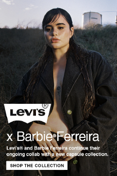 Young woman with dark hair wearing a black jacket, outdoors, with Levi's and Barbie Ferreira branding.