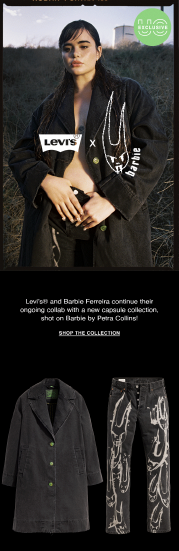 Young woman wearing a black jacket and black pants with white graphic designs, standing outdoors at dusk or dawn, in an advertisement for Levi's and Barbie Ferreira collaboration.