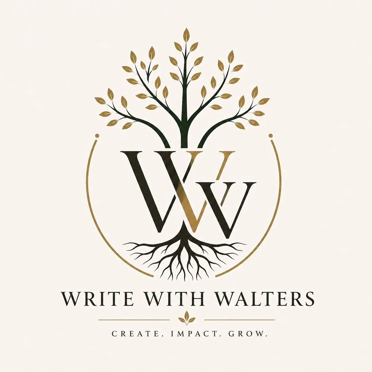 Logo with intertwined letters 'W' and 'V', a tree with roots and branches, and the text 'Write With Walters' with the tagline 'Create. Impact. Grow.'
