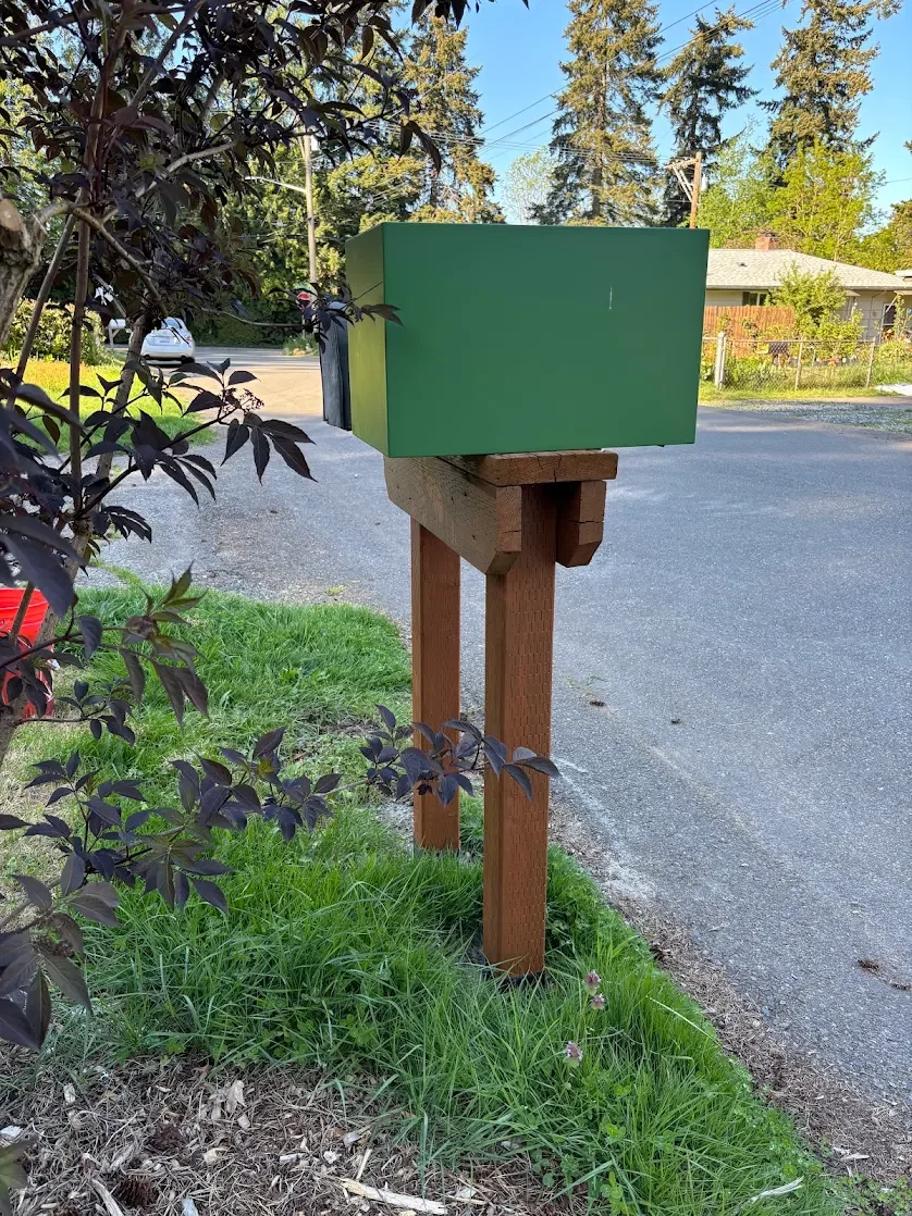 Green mailbox on wooden post beside a sidewalk with grass and bushes in a residential neighborhood.