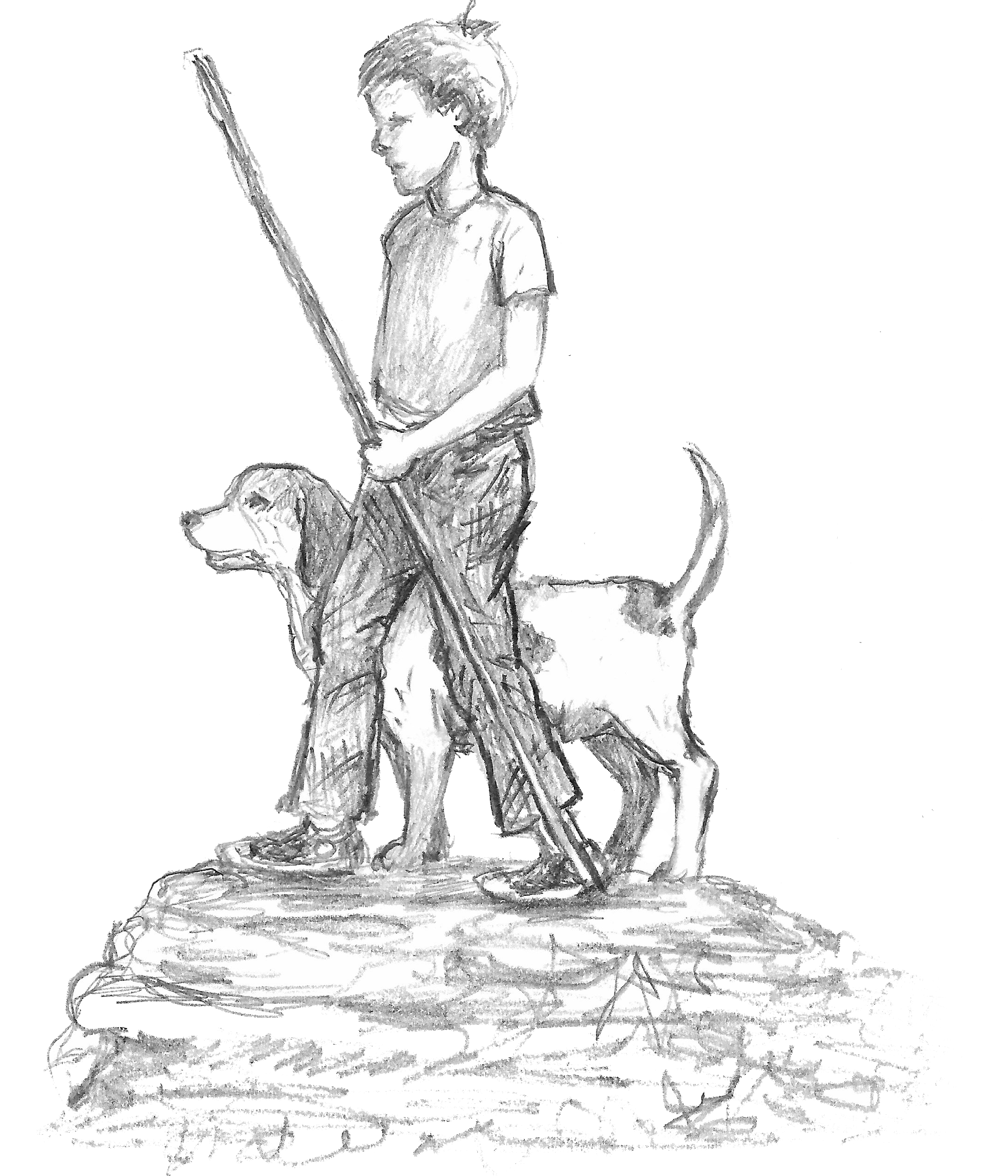 A pencil sketch by Mike Stinnett depicting his childhood days. He is shown in the sketch as a ten year old boy holding a rough walking stick as he takes a hike with his dog, Pal.