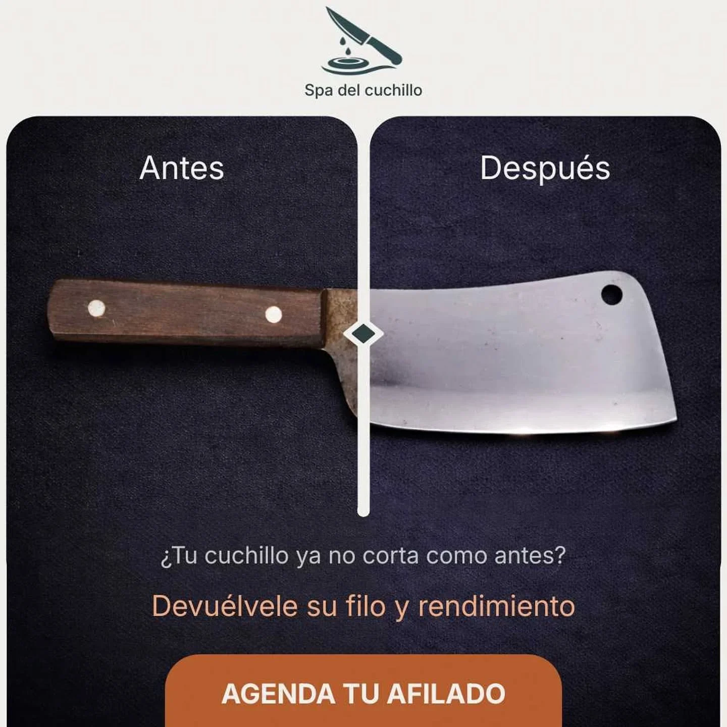 Del desgaste a la restauraci&oacute;n. ✨

No deseches tus cuchillos favoritos. Les devolvemos su geometr&iacute;a y un filo de alto nivel con un proceso t&eacute;cnico meticuloso. Mira la diferencia en este Antes vs. Despu&eacute;s.

📍 Servicio espe