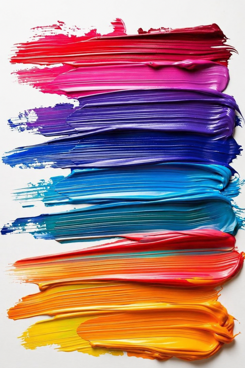 A palette of vertical streaks of vibrant paints in red, pink, purple, blue, turquoise, red-orange, and yellow colors.