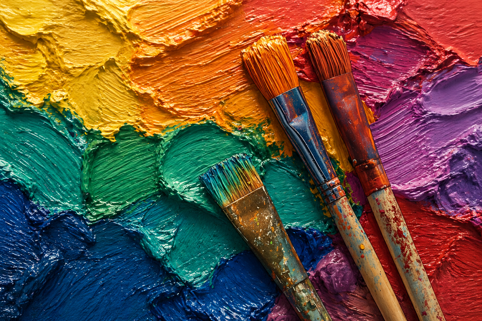 A colorful palette of thickly applied oil paints in rainbow colors with three paintbrushes resting on top.