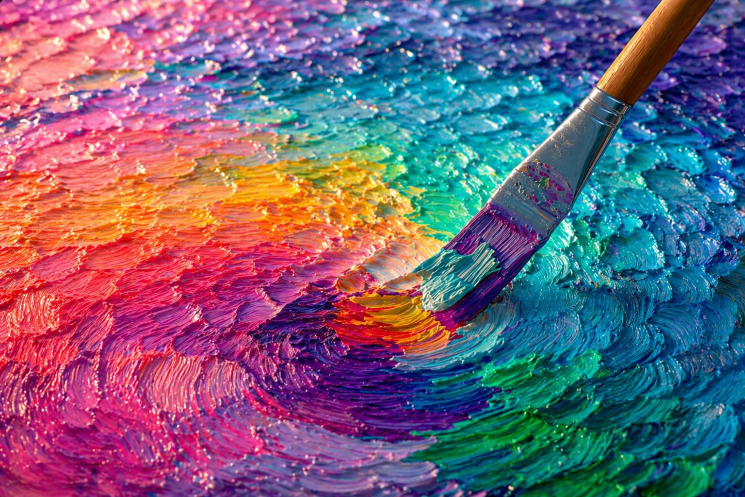A paintbrush strokes vibrant, thick swirls of rainbow-colored oil paint, creating an abstract textured rainbow pattern.