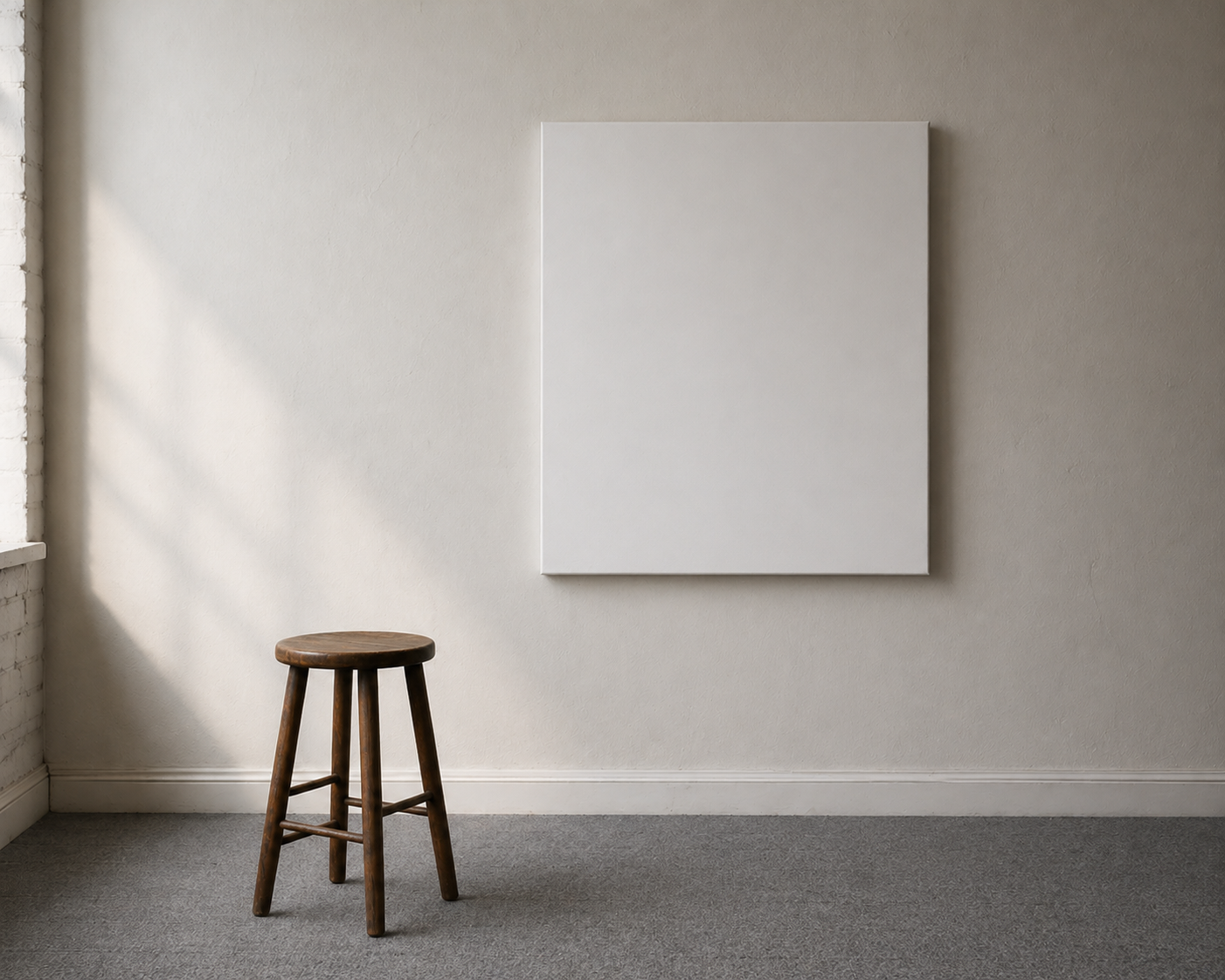 Empty room with a white wall, a blank canvas painting, a wooden stool, and natural light coming from the window.