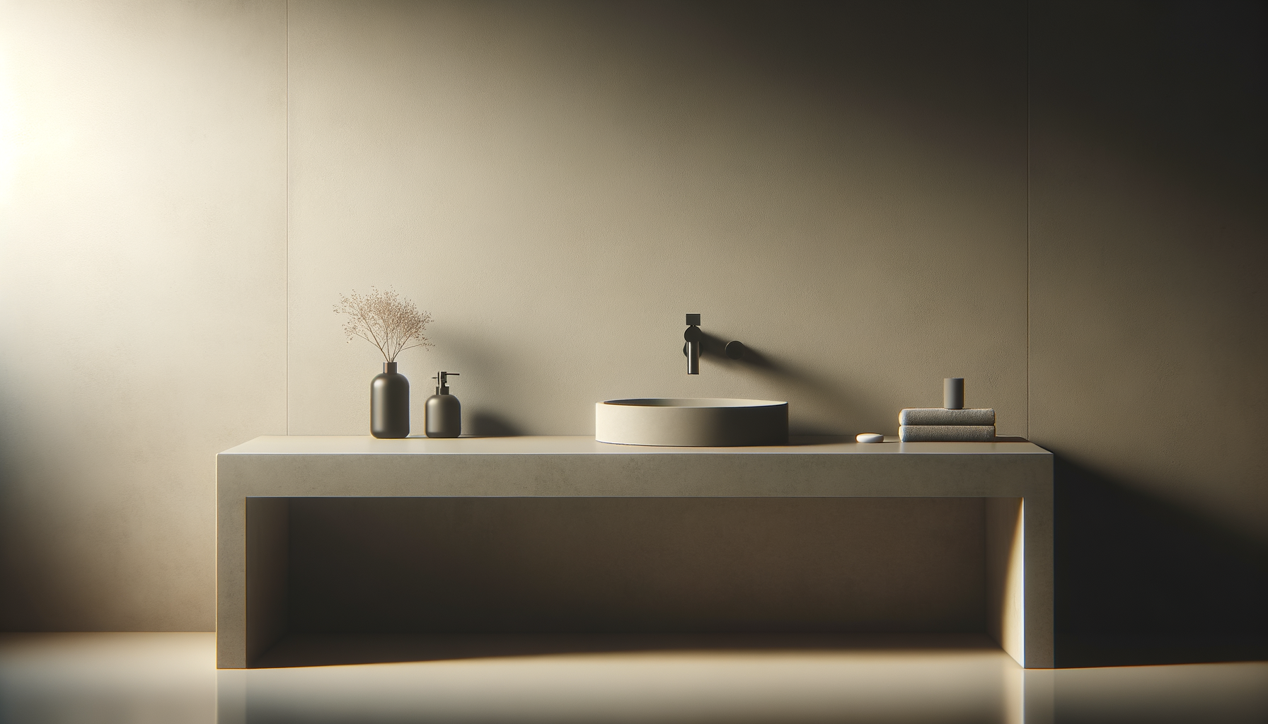 Minimalist bathroom vanity with a round vessel sink, wall-mounted faucet, a small soap dispenser, a vase with dried flowers, a candle, and folded towels on a sleek white countertop against a beige wall.