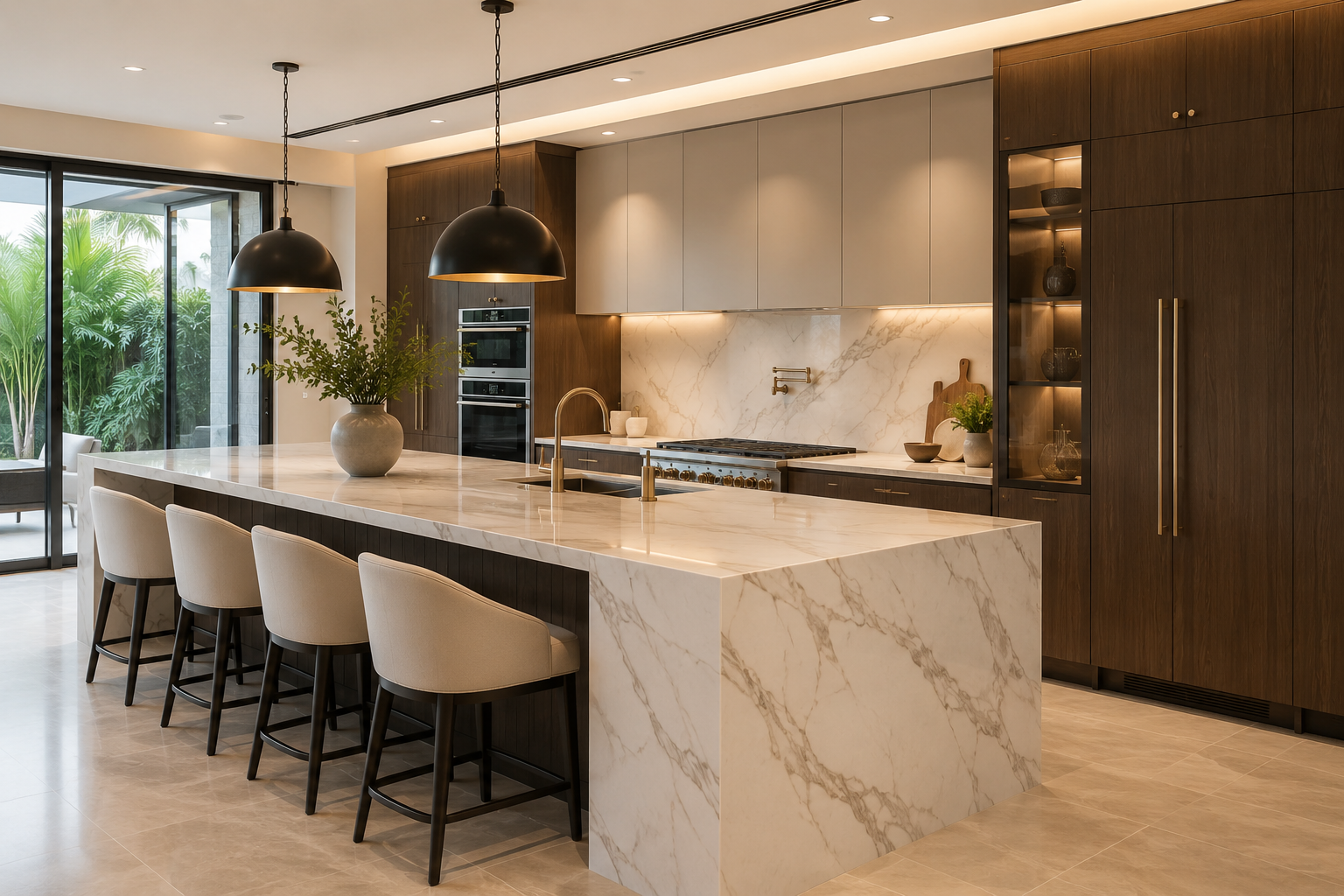 Modern kitchen with a large marble island, black pendant lights, beige chairs, and dark wood cabinetry. Sliding glass door leads to a patio with greenery.