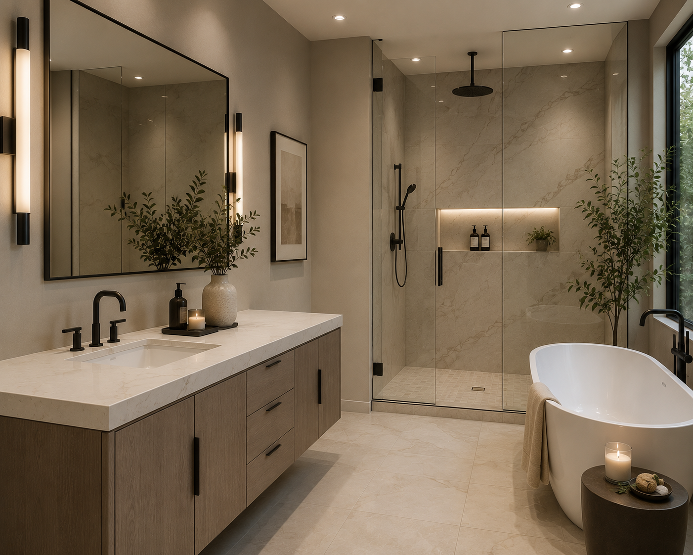 Modern bathroom with a large mirror, wooden vanity, vase with greenery, candle, walk-in shower with glass doors, black fixtures, built-in shelf, freestanding bathtub, candle, and potted plant, illuminated by natural light from a window.