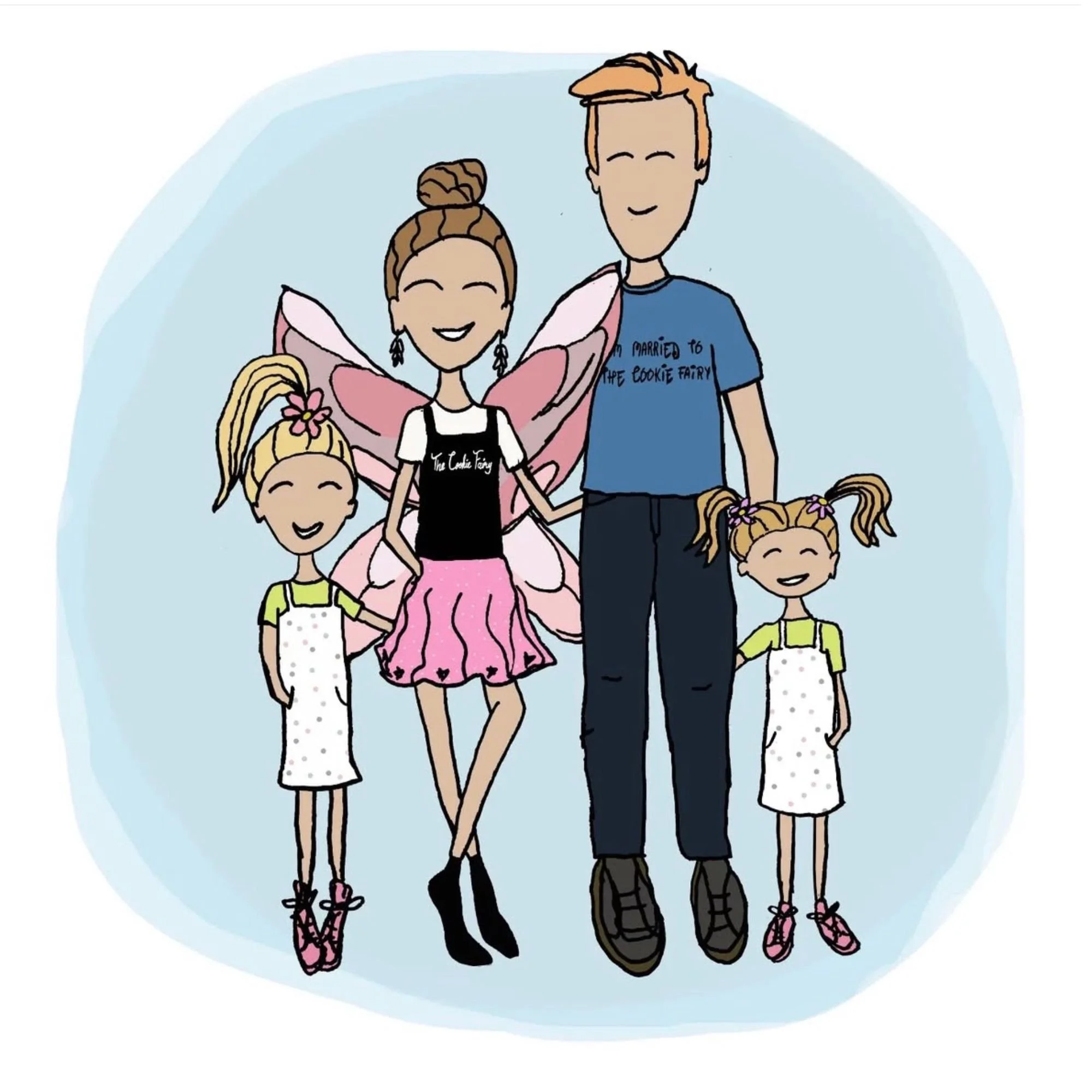 Illustration of a girl with fairy wings and a boy standing behind her, smiling. The girl has braided hair, a flower in her hair, and is wearing a black top with white text, a pink skirt, and pink shoes. The boy has short hair, is wearing a blue T-shirt, black pants, and brown shoes.