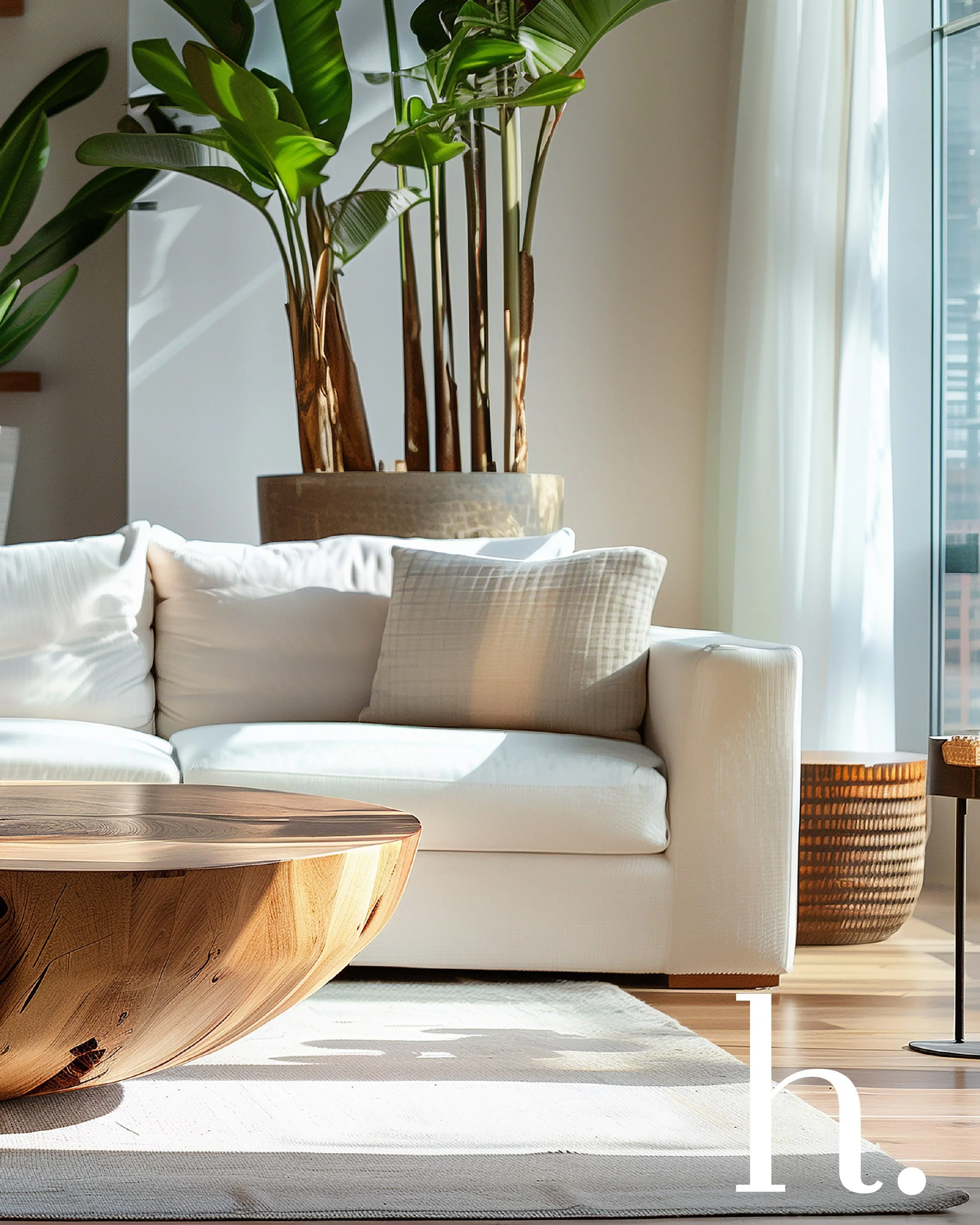 A living room scene featuring a white sofa with pillows, a wooden coffee table, a large potted plant with broad green leaves, a carpet, and a window with sheer white curtains allowing natural light to enter.