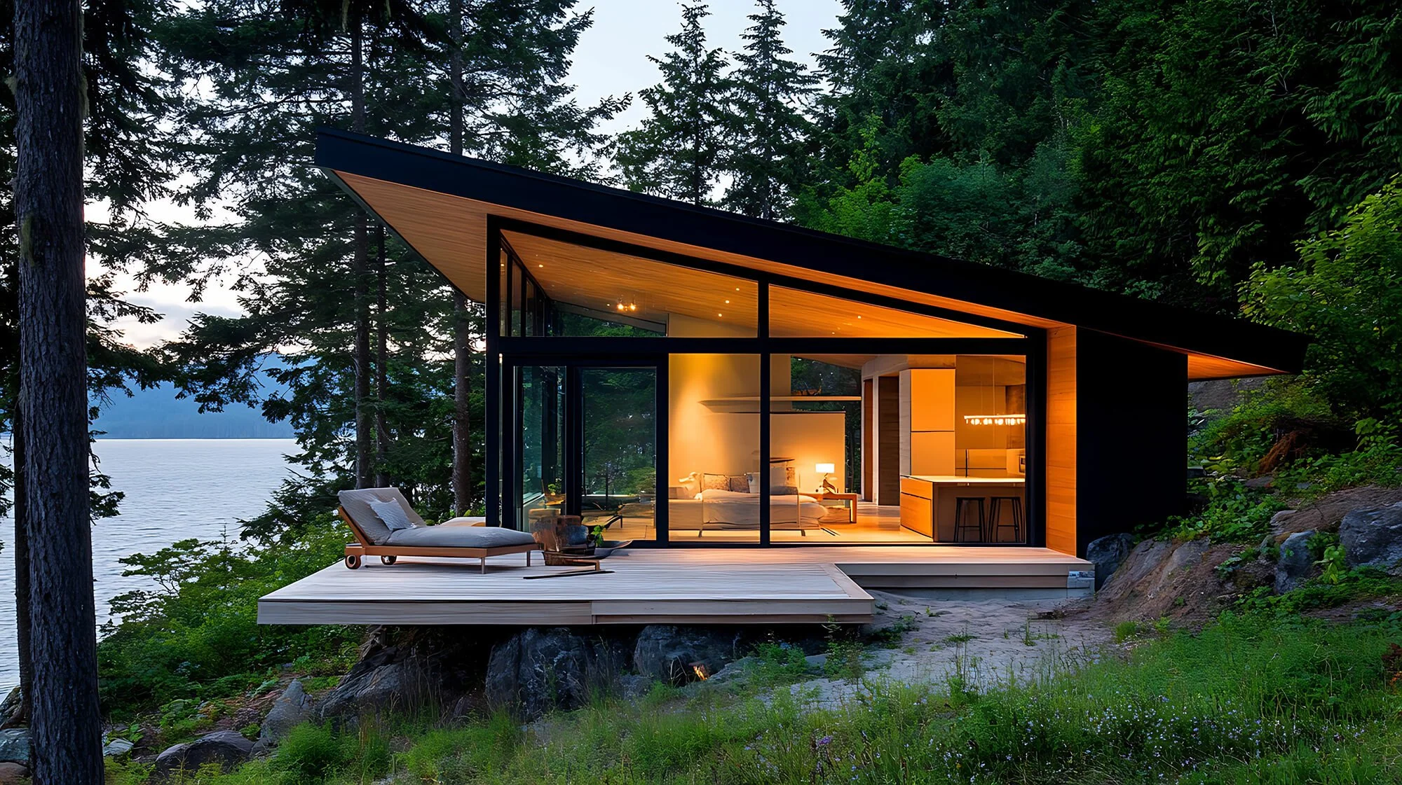Modern house with large glass windows and wooden accents located in forest near water, with outdoor seating area on a deck.
