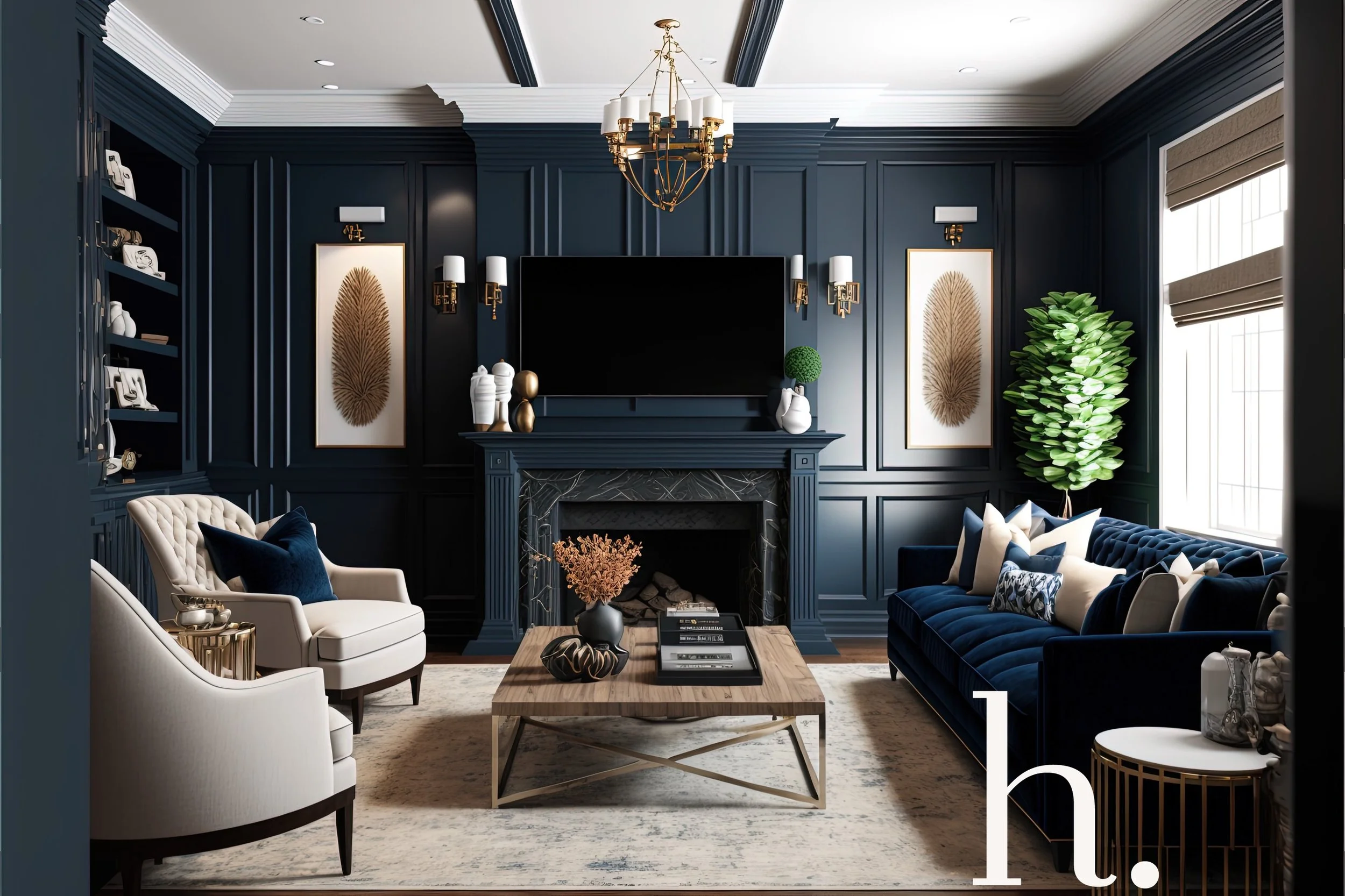 A luxurious living room with navy blue paneled walls, gold accents, and elegant decor. There is a large flat-screen TV mounted over a fireplace, surrounded by wall sconces and framed art. The room features sofas and chairs in cream and velvet blue, a central wooden coffee table with decorative items, and greenery in the corner. A chandelier hangs from the ceiling, and windows with beige blinds allow natural light in.