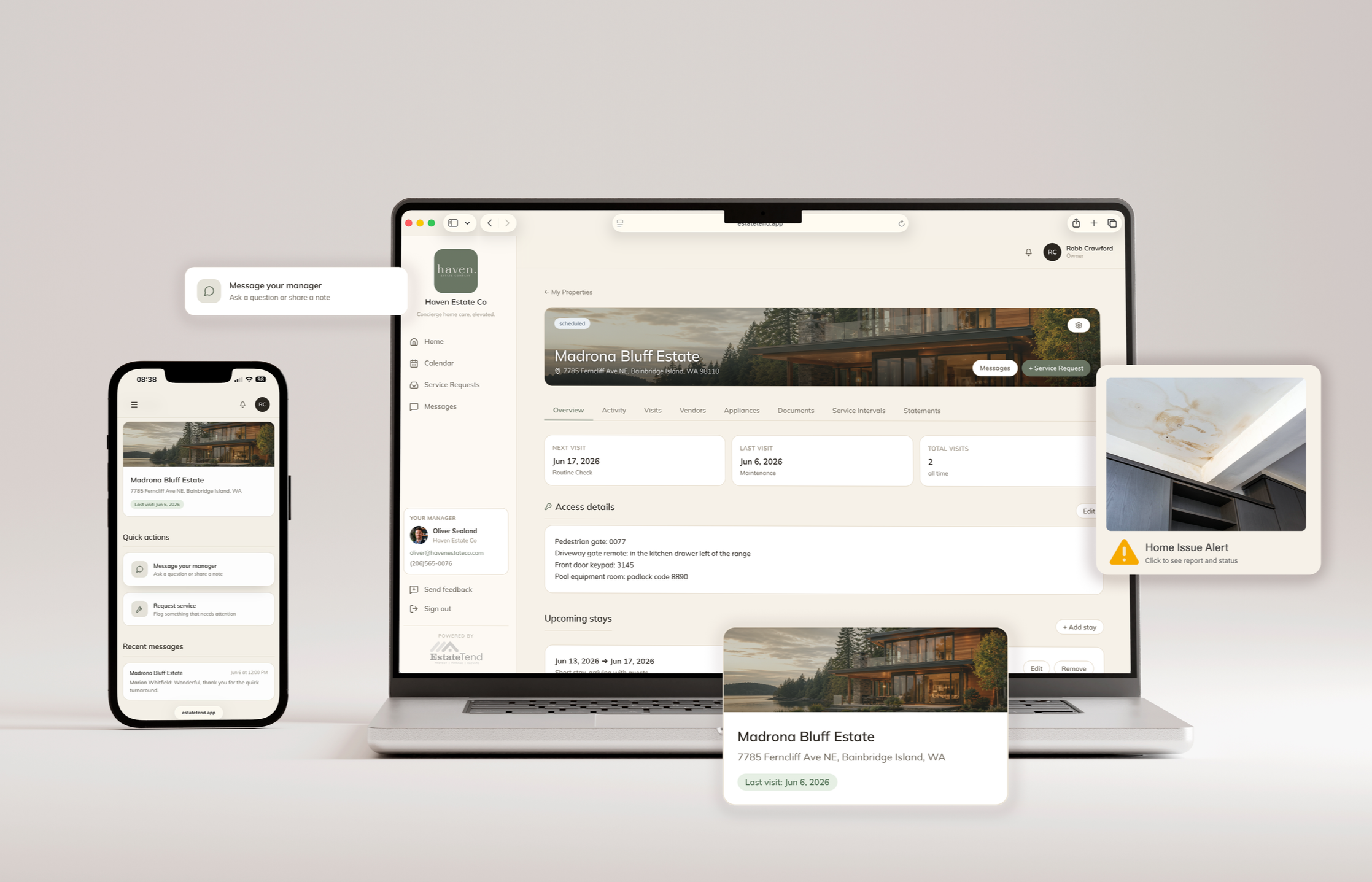 Multiple electronic devices displaying an estate management app, including a smartphone and MacBook. The app shows property details, messages, and alerts about home issues.