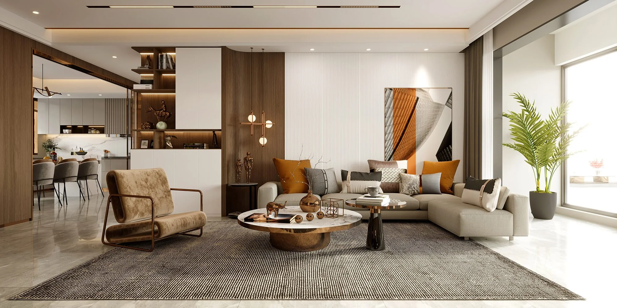 Modern living room with beige L-shaped sofa, orange and patterned pillows, round marble coffee table, and tall potted plant by large window.