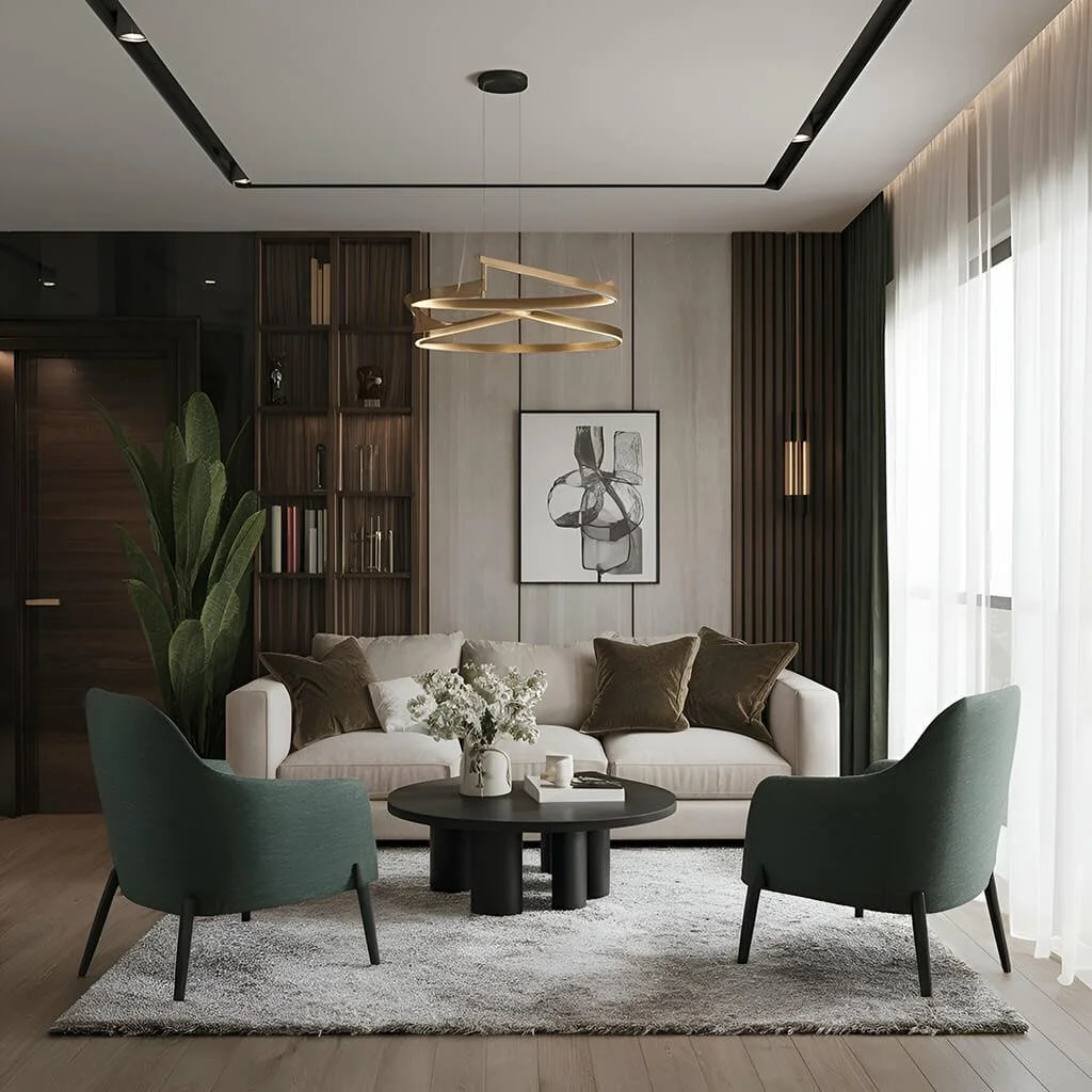 Modern living room with beige sofa, two green armchairs, dark round coffee table, abstract black and white art, tall green plant, and wooden wall panels, illuminated by natural light through sheer curtains.