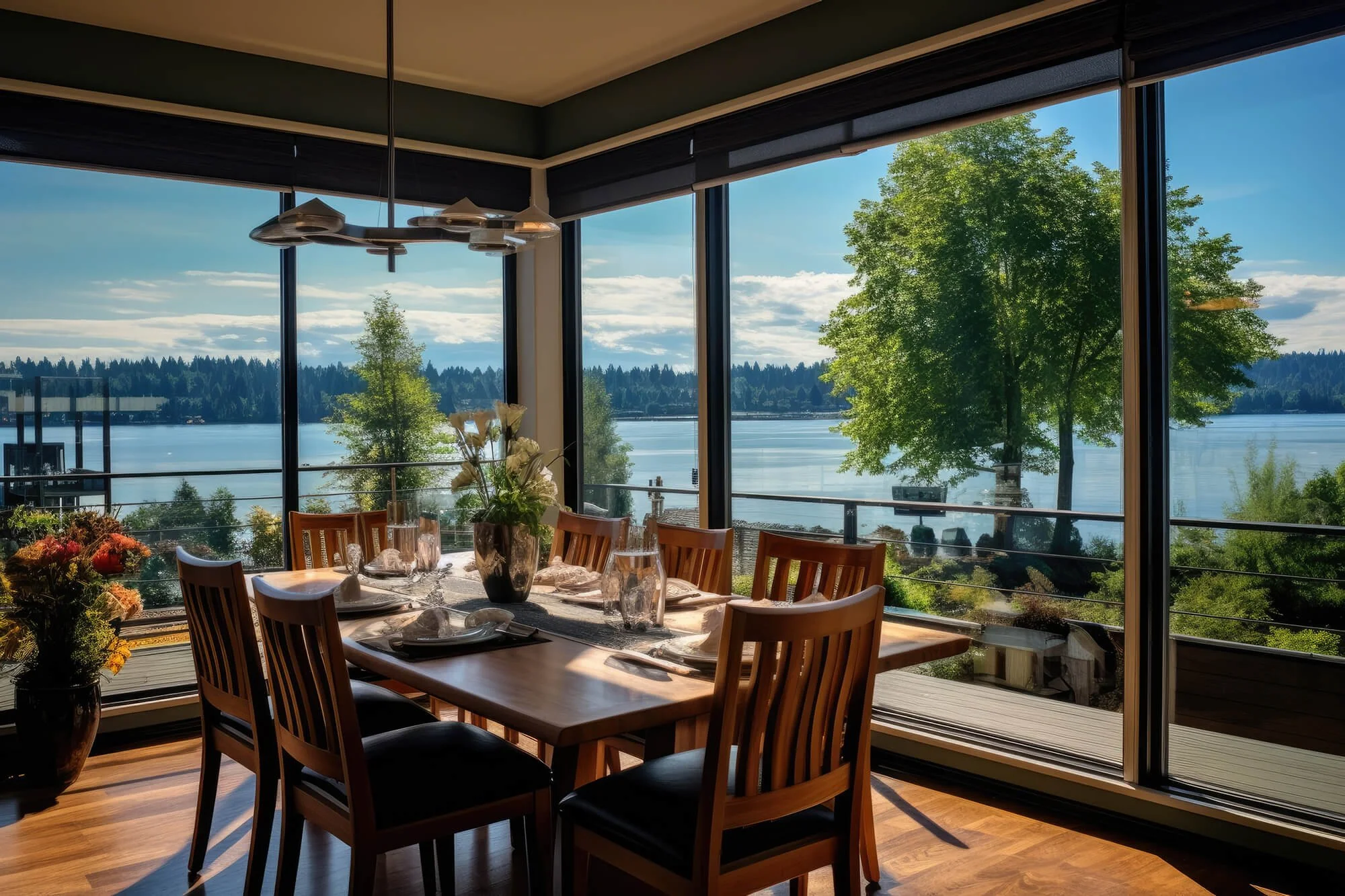 A dining area with a wooden table set for a meal, surrounded by wooden chairs, and decorated with a vase of flowers, located by large floor-to-ceiling windows overlooking a lake with trees and a blue sky with some clouds.