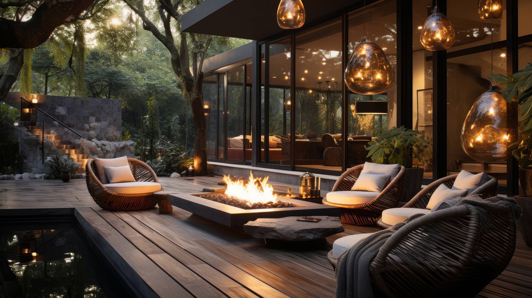 Outdoor patio area with modern fire pit, wicker lounge chairs with cushions, large glass windows, hanging pendant lights, and surrounding trees at dusk.