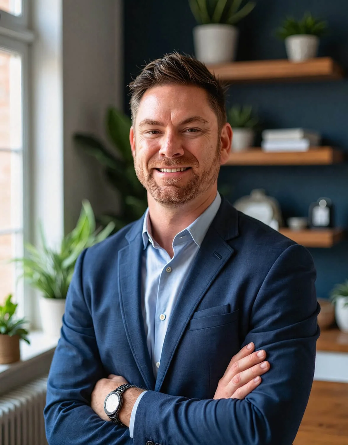 A man with brown hair and a beard wearing a navy blue suit with a light blue shirt, standing with his arms crossed in a room with plants and wooden shelves.