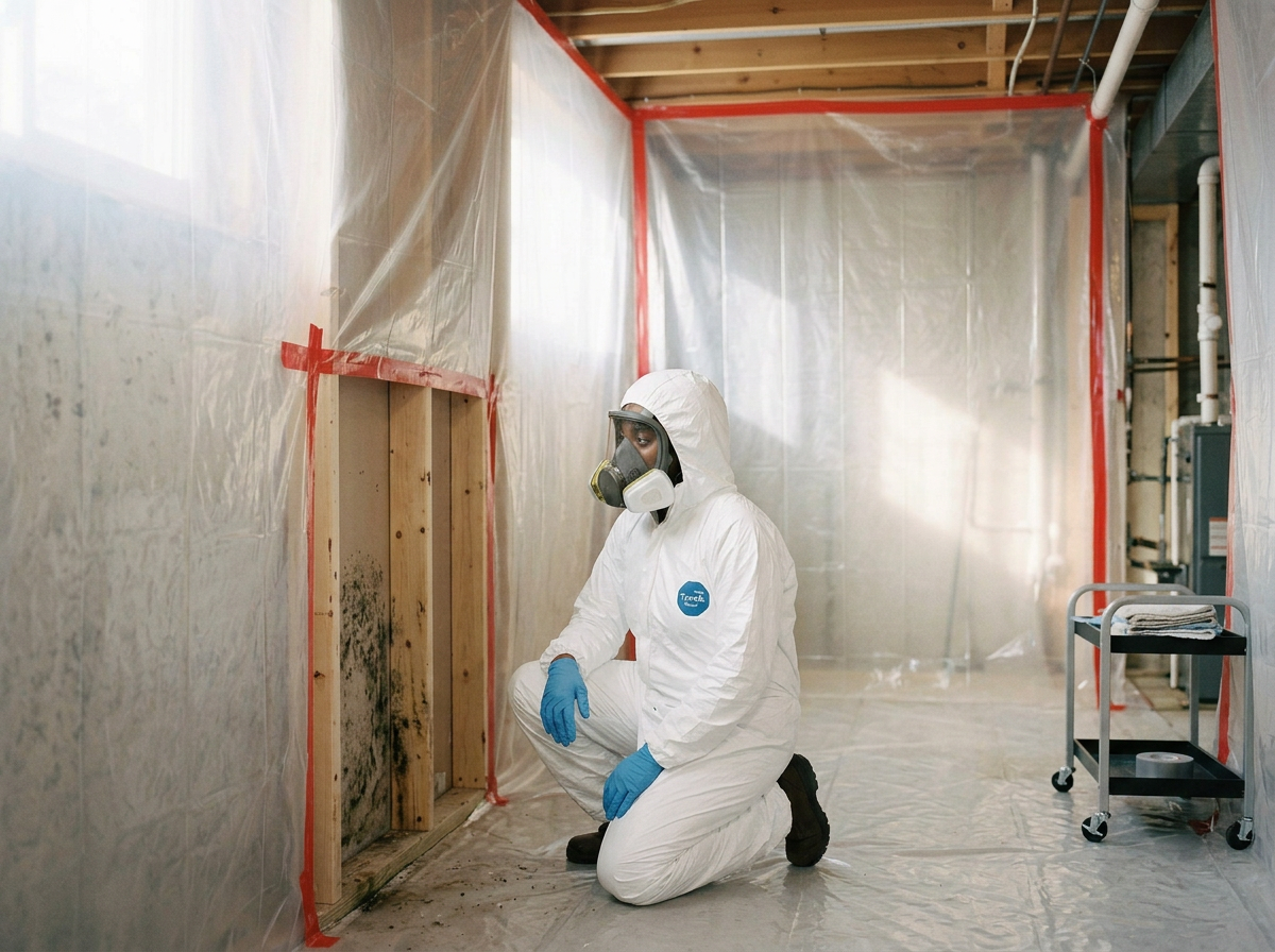 Person in a hazmat suit and mask kneeling in a construction site with plastic sheeting and exposed wooden framing, inspecting a moldy wall.