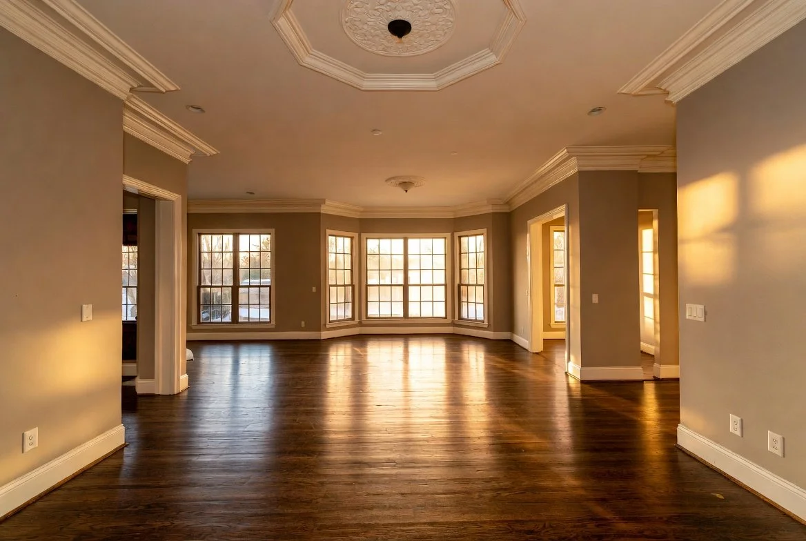 Empty living room with hardwood floors, cream-colored walls, large windows, and decorative ceiling molding, bathed in warm sunlight.