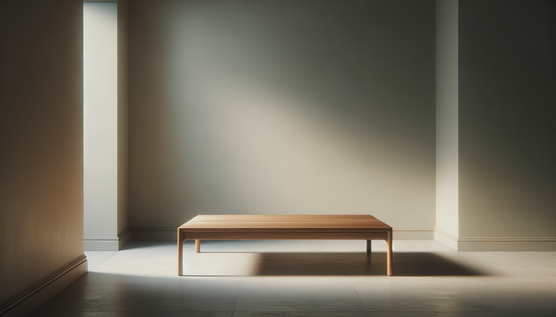Minimalist interior with a wooden bench against a plain wall, illuminated by natural light.