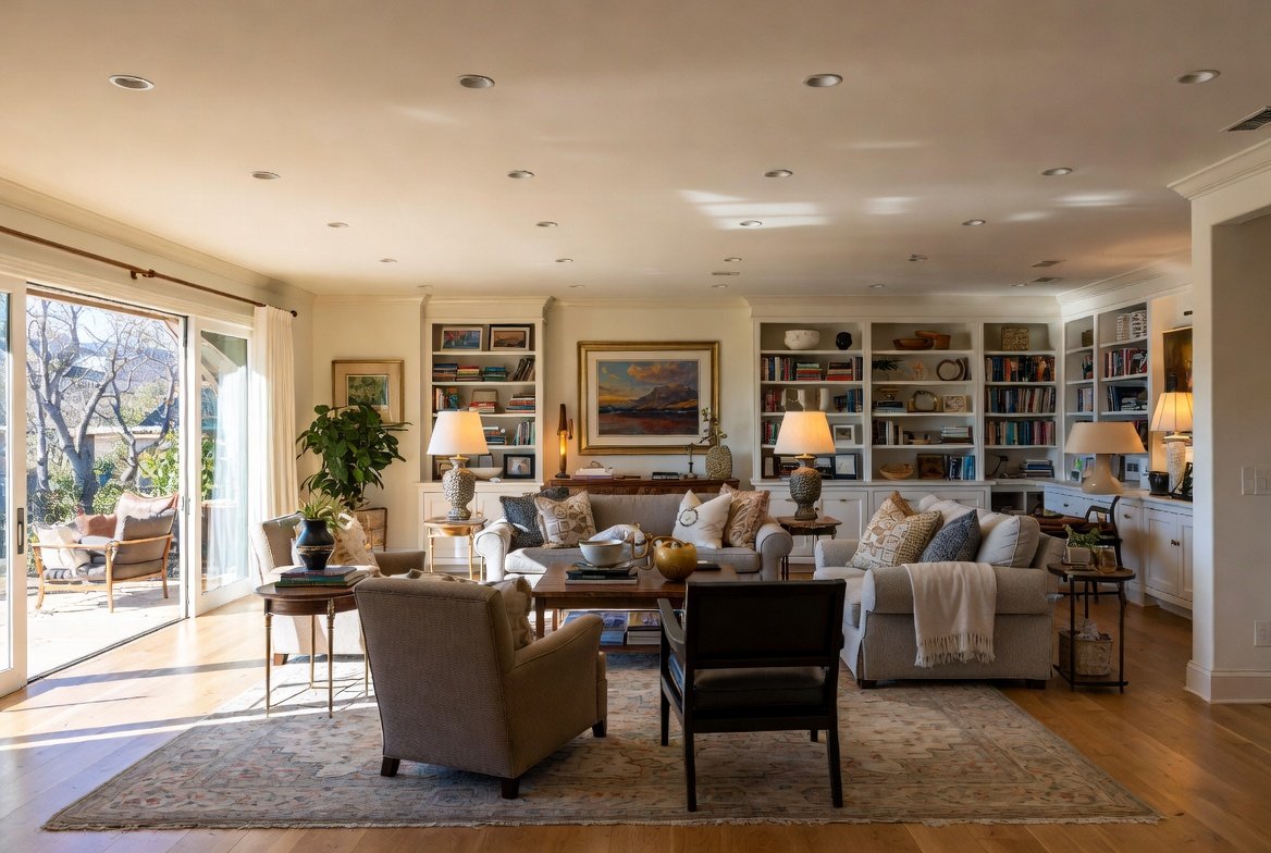 Spacious living room with large windows, white sofas, armchairs, wooden coffee table, built-in bookshelves, and sliding glass door leading to an outdoor patio with seating. The room is decorated with lamps, framed art, and houseplants.