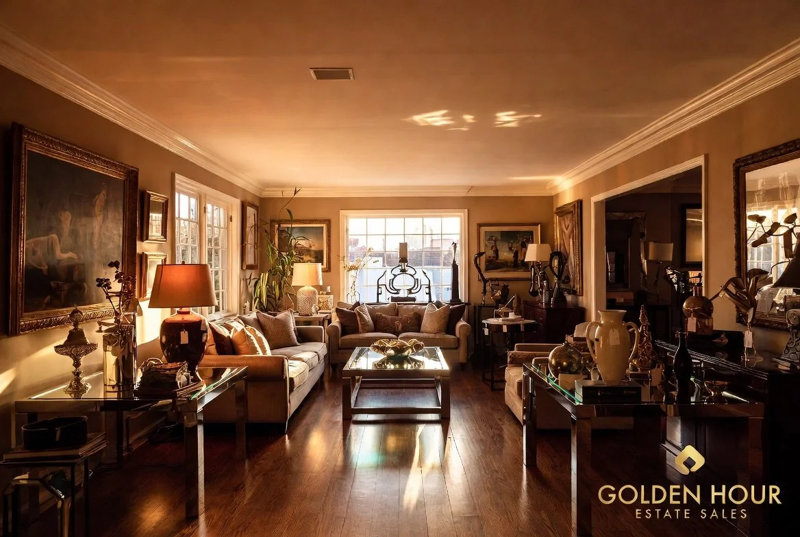 Living room with beige sofas, a glass coffee table, various lamps, and artwork on the walls, illuminated by sunlight through windows.