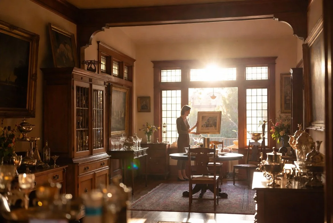 A woman in a room with wooden furniture, hanging paintings, and large windows, illuminated by sunlight, holding a framed picture.
