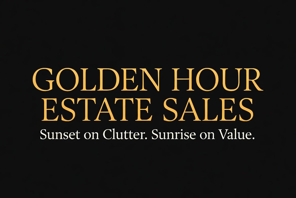 Text announcing a Golden Hour Estate Sale with a black background, gold and white lettering.