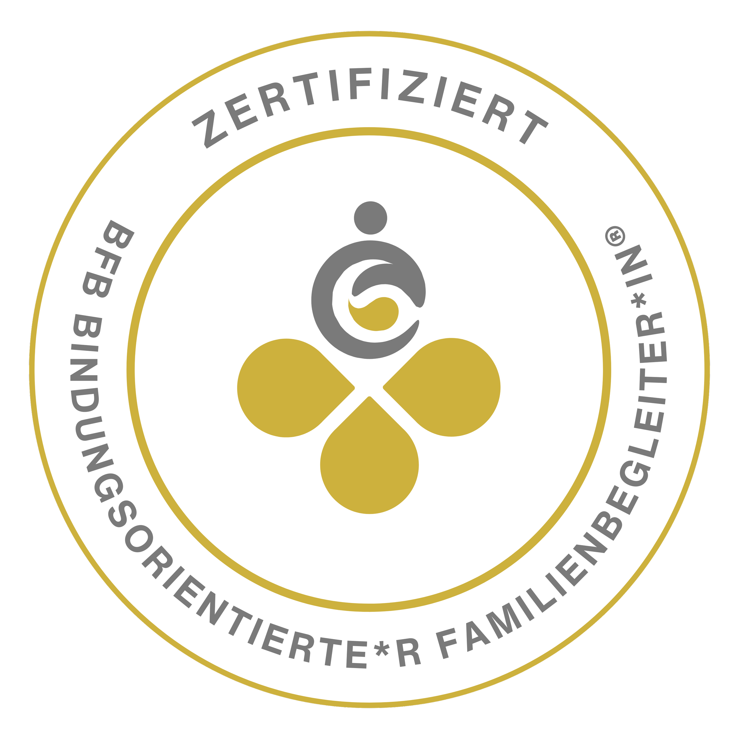 Siegel mit der Aufschrift 'Zertifiziert BFB bindungsorientierte Familienbegleiterin' und weiteren Texten in Deutsch, goldener und grauer Schrift auf weißem Hintergrund.