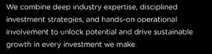 Close-up of white text on a black background discussing investment expertise, strategies, operational involvement, and sustainable growth.
