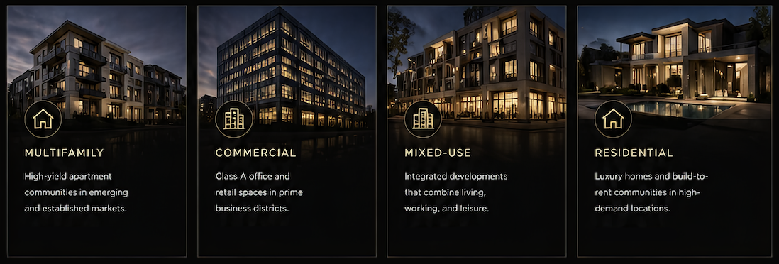 Images of four types of urban buildings at night: multifamily apartments, a commercial office building, a mixed-use development, and luxury residential homes with lighting and pools.